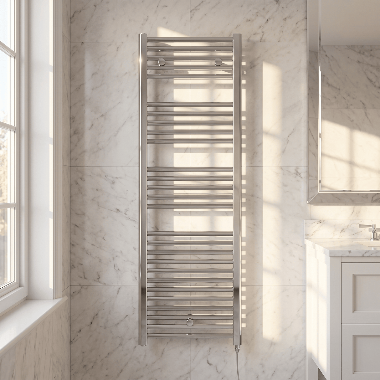[BHEL152] Ellastone Contemporary Electric Vertical Round Towel Rail with 27 Rails, 1375mm x 480mm, Choice of Colour