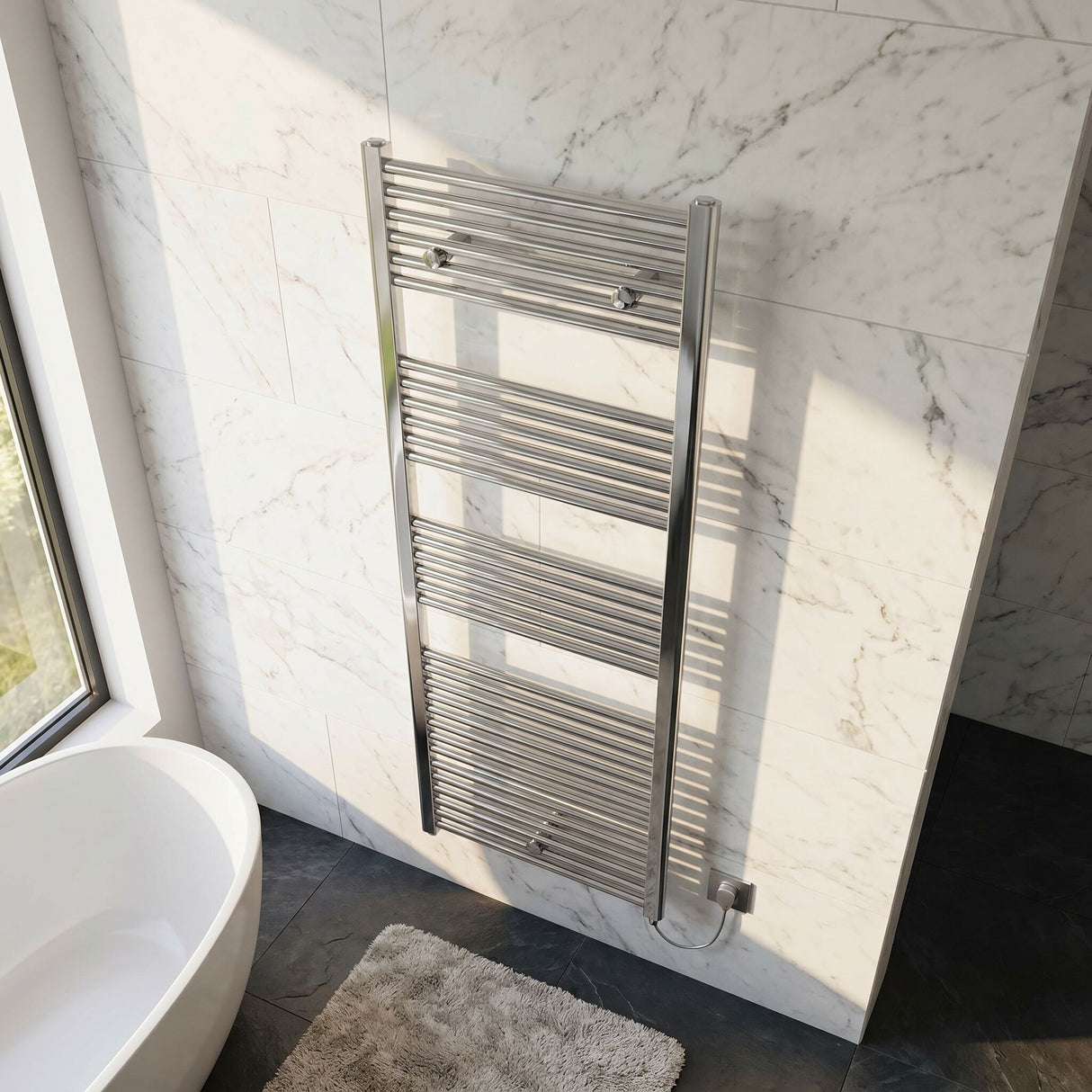 [BHEL152] Ellastone Contemporary Electric Vertical Round Towel Rail with 27 Rails, 1375mm x 480mm, Choice of Colour