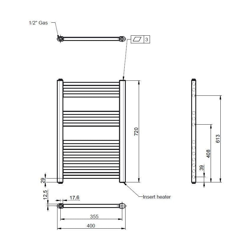 [BHEL153] Balterley Contemporary Electric Vertical Round Towel Rail with 13 Rails, 720mm x 400mm, 300 Watt Heated Bathroom - Anthracite - Technical Drawing