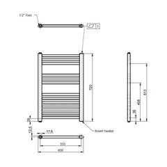 [BHEL153] Ellastone Electric Vertical Round Towel Rail with 13 Rails, 720mm x 400mm, Choice of Colour - Technical Drawing