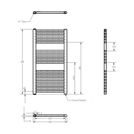 [BHEL154] Balterley Contemporary Electric Vertical Round Towel Rail with 18 Rails, 920mm x 480mm, 500 Watt Heated Bathroom - Anthracite - Technical Drawing