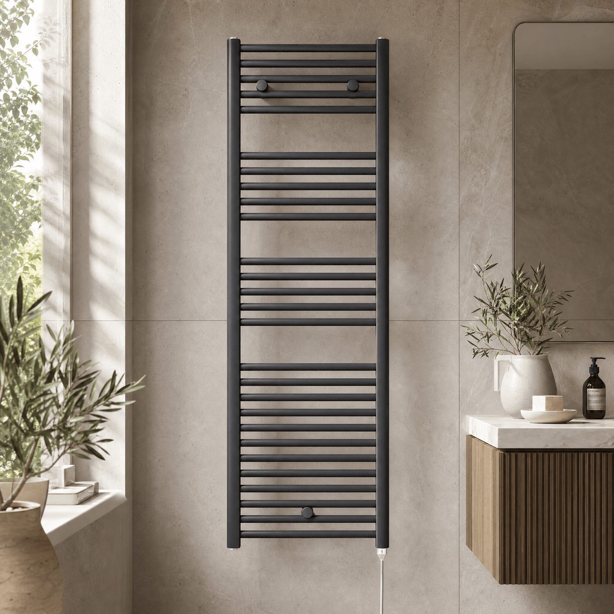 [BHEL155] Ellastone Contemporary Electric Vertical Round Towel Rail with 27 Rails, 1375mm x 480mm, Choice of Colour - Silo