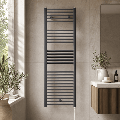 [BHEL155] Ellastone Contemporary Electric Vertical Round Towel Rail with 27 Rails, 1375mm x 480mm, Choice of Colour - Silo