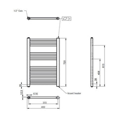 [BHEL156] Balterley Contemporary Electric Vertical Round Towel Rail with 13 Rails, 720mm x 400mm, 300 Watt Heated Bathroom - Gloss White - Technical Drawing