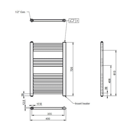 [BHEL156] Balterley Contemporary Electric Vertical Round Towel Rail with 13 Rails, 720mm x 400mm, 300 Watt Heated Bathroom - Gloss White - Technical Drawing