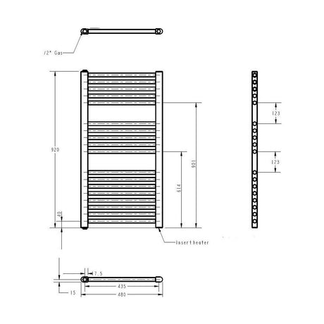 [BHEL157] Balterley Contemporary Electric Vertical Round Towel Rail with 18 Rails, 920mm x 480mm, 500 Watt Heated Bathroom - Gloss White - Technical Drawing