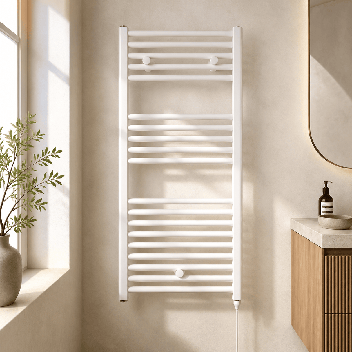 [BHEL157] Ellastone Electric Vertical Round Towel Rail with 18 Rails, 920mm x 480mm, Choice of Colour - Silo