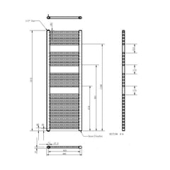 [BHEL158] Balterley Contemporary Electric Vertical Round Towel Rail with 27 Rails, 1375mm x 480mm, 750 Watt Heated Bathroom - Gloss White - Technical Drawing