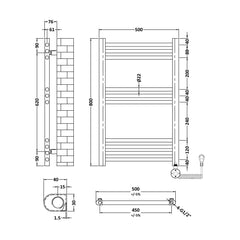[BHER159] Croxall Electric Round Tube Heated Towel Rail with 10 Bars, 800 x 500mm - Choice of Colour - Technical Drawing