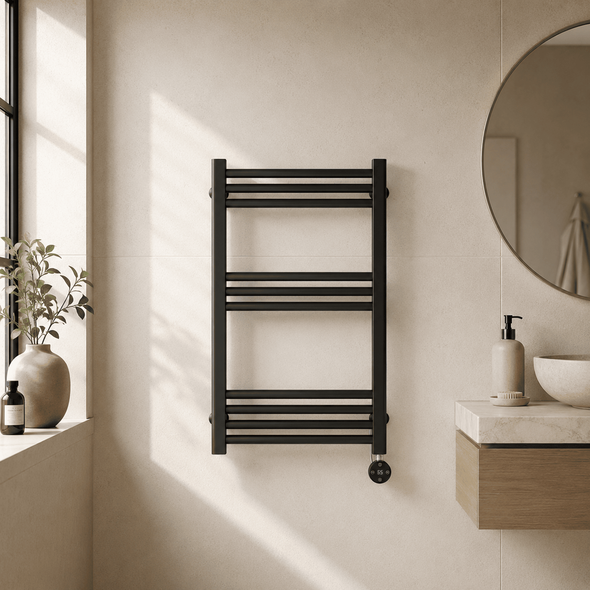 [BHER159] Croxall Electric Round Tube Heated Towel Rail with 10 Bars, 800 x 500mm - Choice of Colour - Lifestyle 1