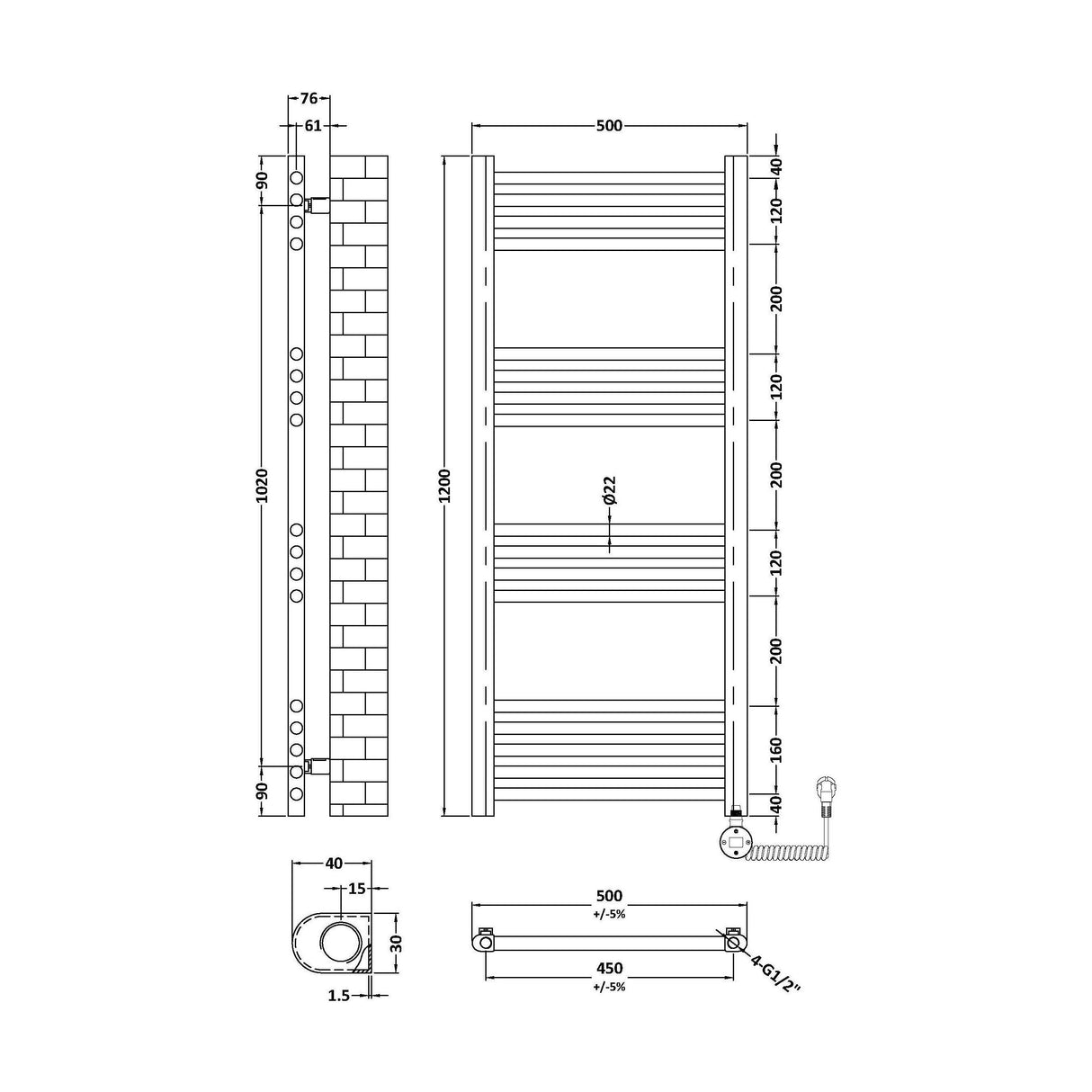 [BHER160] Croxall Electric Round Tube Heated Towel Rail with 17 Bars, 1200 x 500mm - Choice of Colour - Technical Drawing