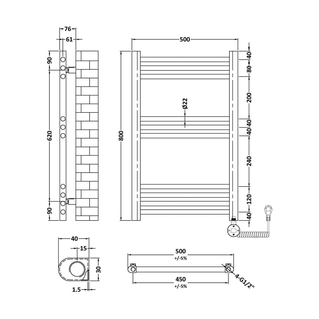 [BHER859] Croxall Electric Round Tube Heated Towel Rail with 10 Bars, 800 x 500mm - Choice of Colour - Technical Drawing