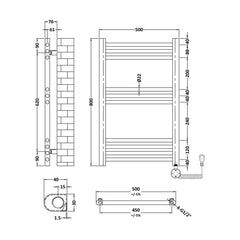 [BHER859] Croxall Electric Round Tube Heated Towel Rail with 10 Bars, 800 x 500mm - Choice of Colour - Technical Drawing