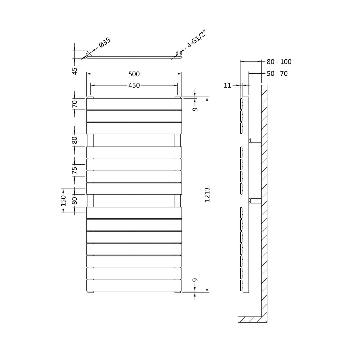[BHFP335] Balterley Contemporary Heated Towel Rail 14 Flat Panels, 1213mm x 500mm - Chrome - Technical Drawing