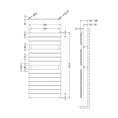 [BHFP335] Balterley Contemporary Heated Towel Rail 14 Flat Panels, 1213mm x 500mm - Chrome - Technical Drawing
