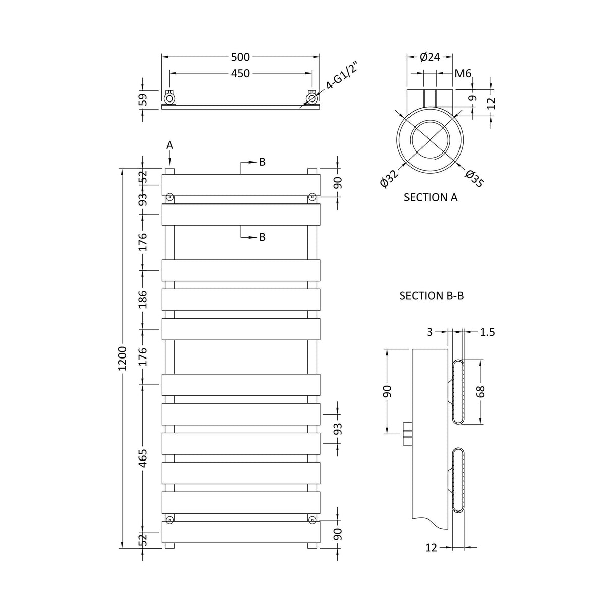 [BHFP396] Balterley Contemporary Heated Towel Rail with 11 Flat Panels, 1200mm x 500mm - Chrome - Technical Drawing