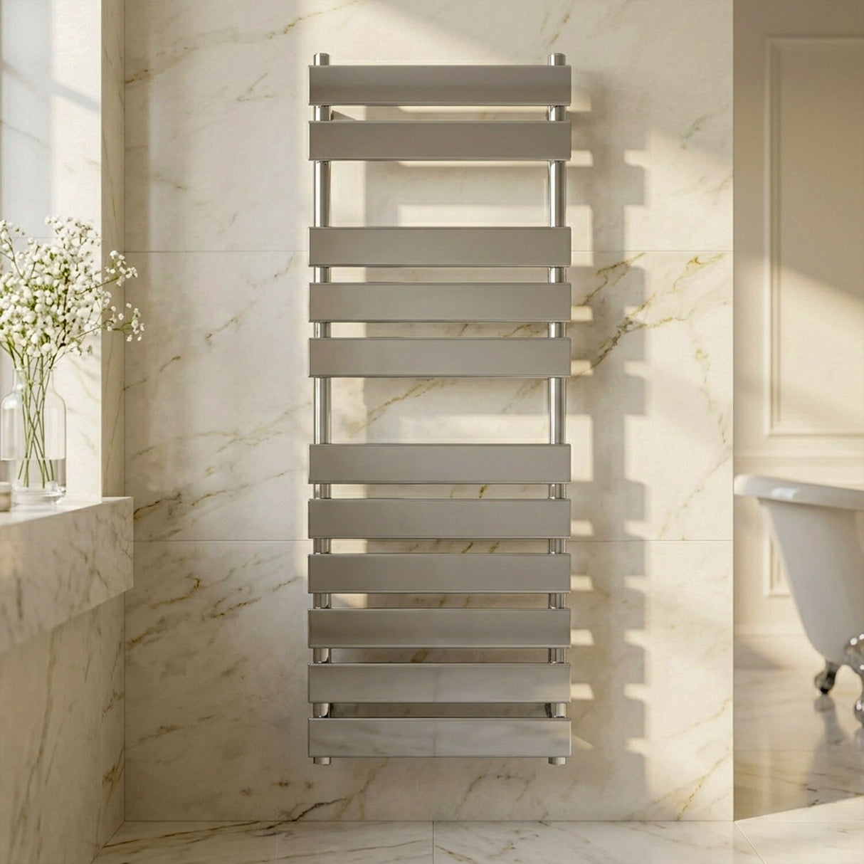 [BHFP396] Balterley Contemporary Heated Towel Rail with 11 Flat Panels, 1200mm x 500mm - Chrome - Silo
