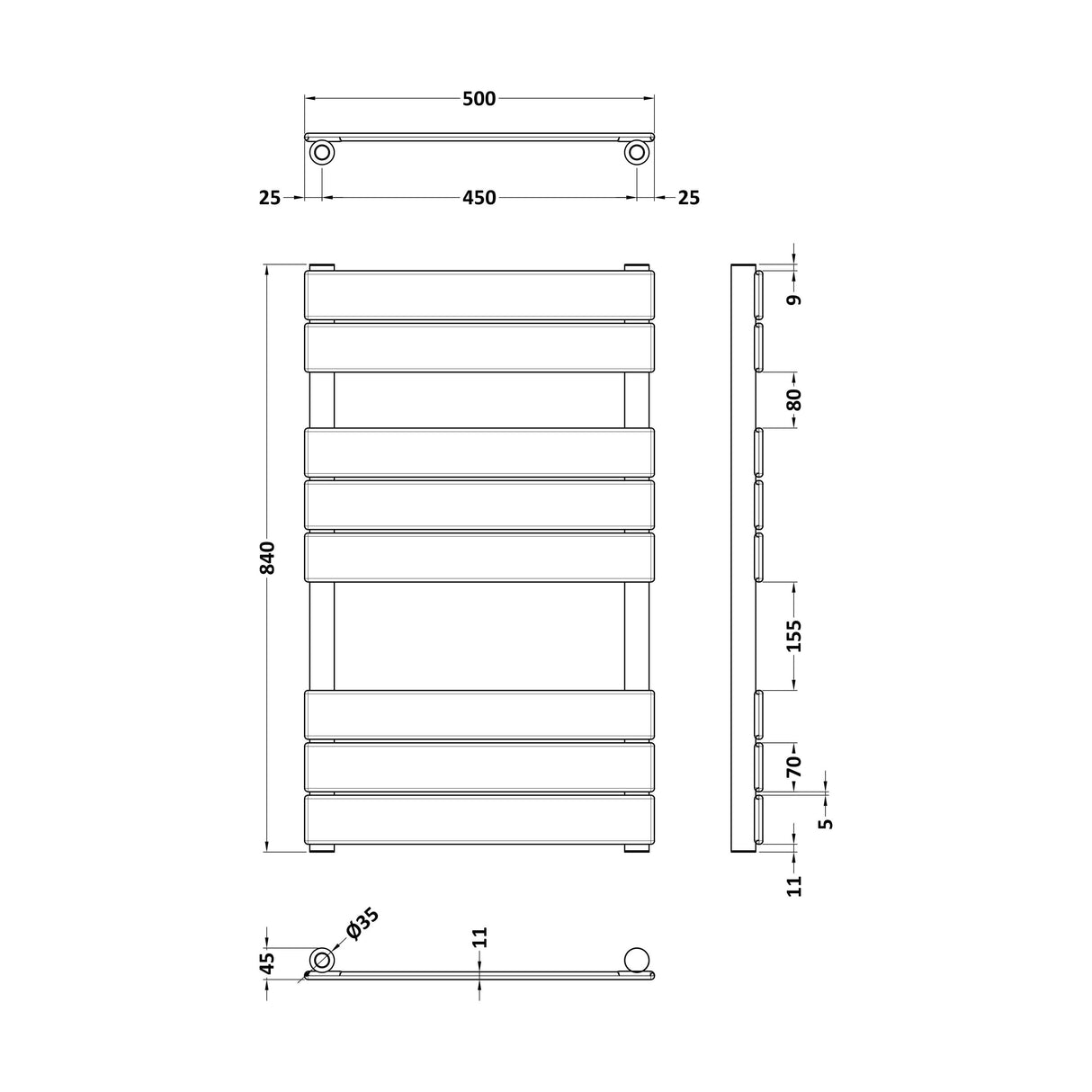 [BHFP882] Square Towel Radiator with Flat Panels 840mm x 500mm, Brushed Brass - Technical Drawing