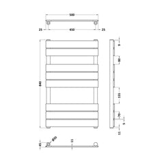[BHFP882] Square Towel Radiator with Flat Panels 840mm x 500mm, Brushed Brass - Technical Drawing