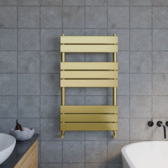 [BHFP882] Square Towel Radiator with Flat Panels 840mm x 500mm, Brushed Brass - Lifestyle 1
