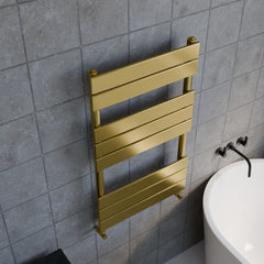 [BHFP882] Square Towel Radiator with Flat Panels 840mm x 500mm, Brushed Brass - Lifestyle 2