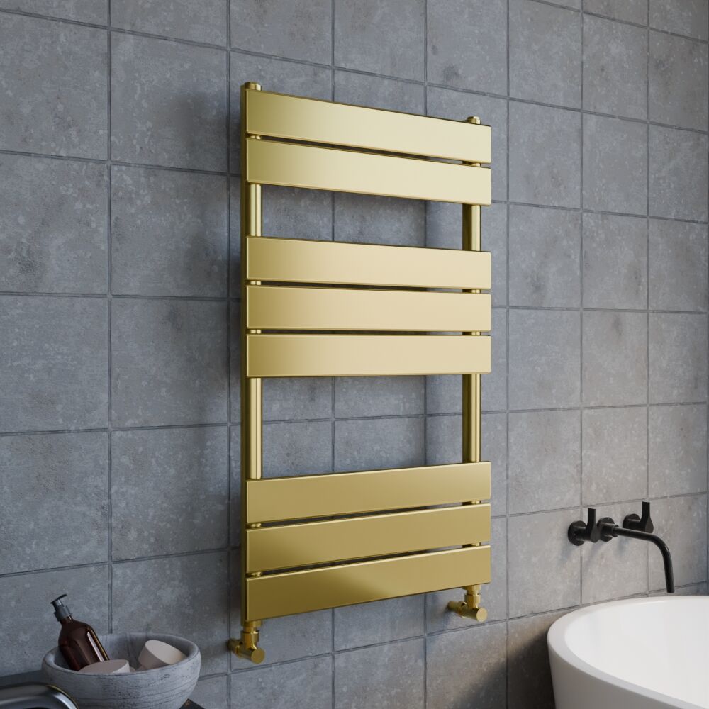 [BHFP882] Square Towel Radiator with Flat Panels 840mm x 500mm, Brushed Brass - Lifestyle 3