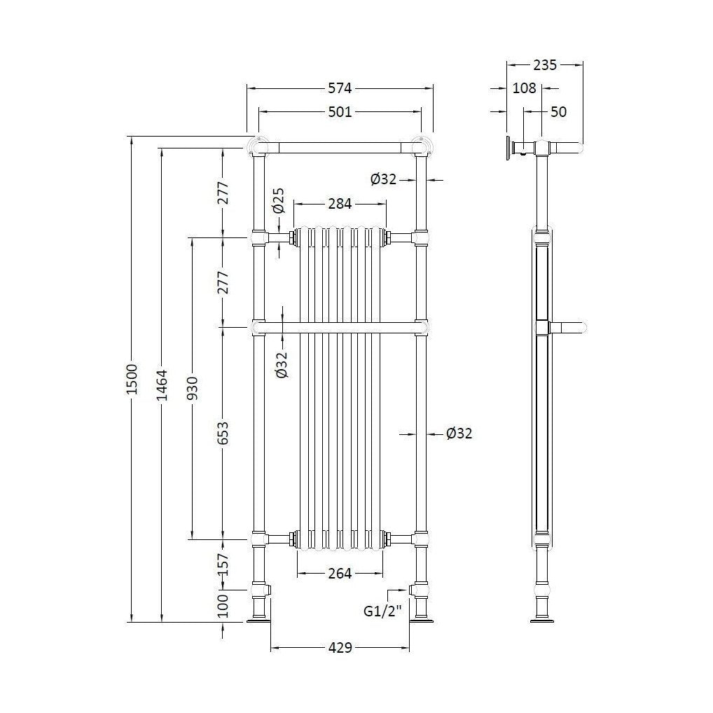 [BHHA008] HARRINGTON TOWEL RADIATOR 1500X575MM - Technical Drawing