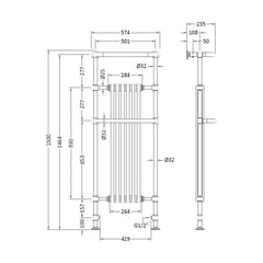 [BHHA008] HARRINGTON TOWEL RADIATOR 1500X575MM - Technical Drawing