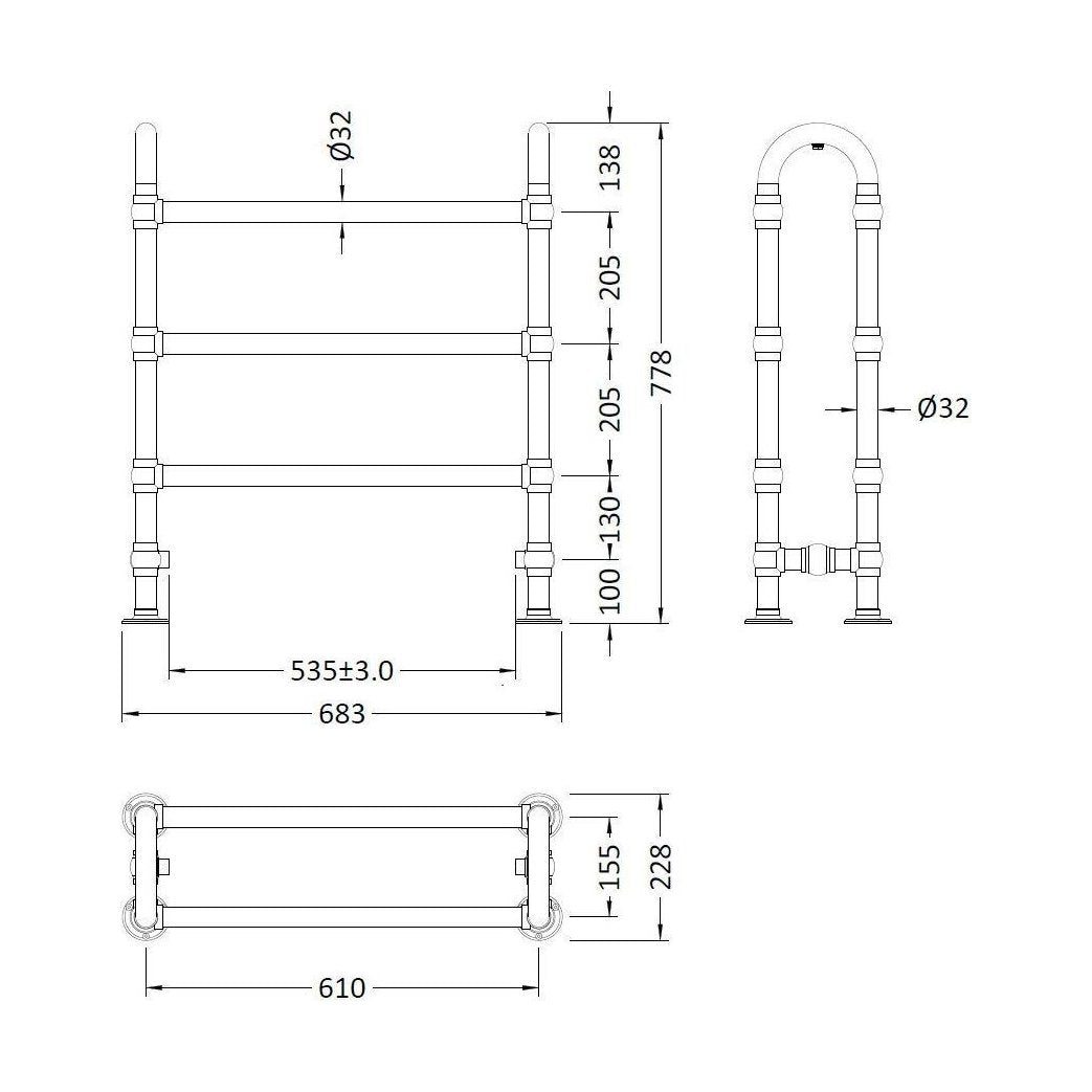 [BHHA009] HARRINGTON FLOOR TOWEL RAIL 780X685MM - Technical Drawing