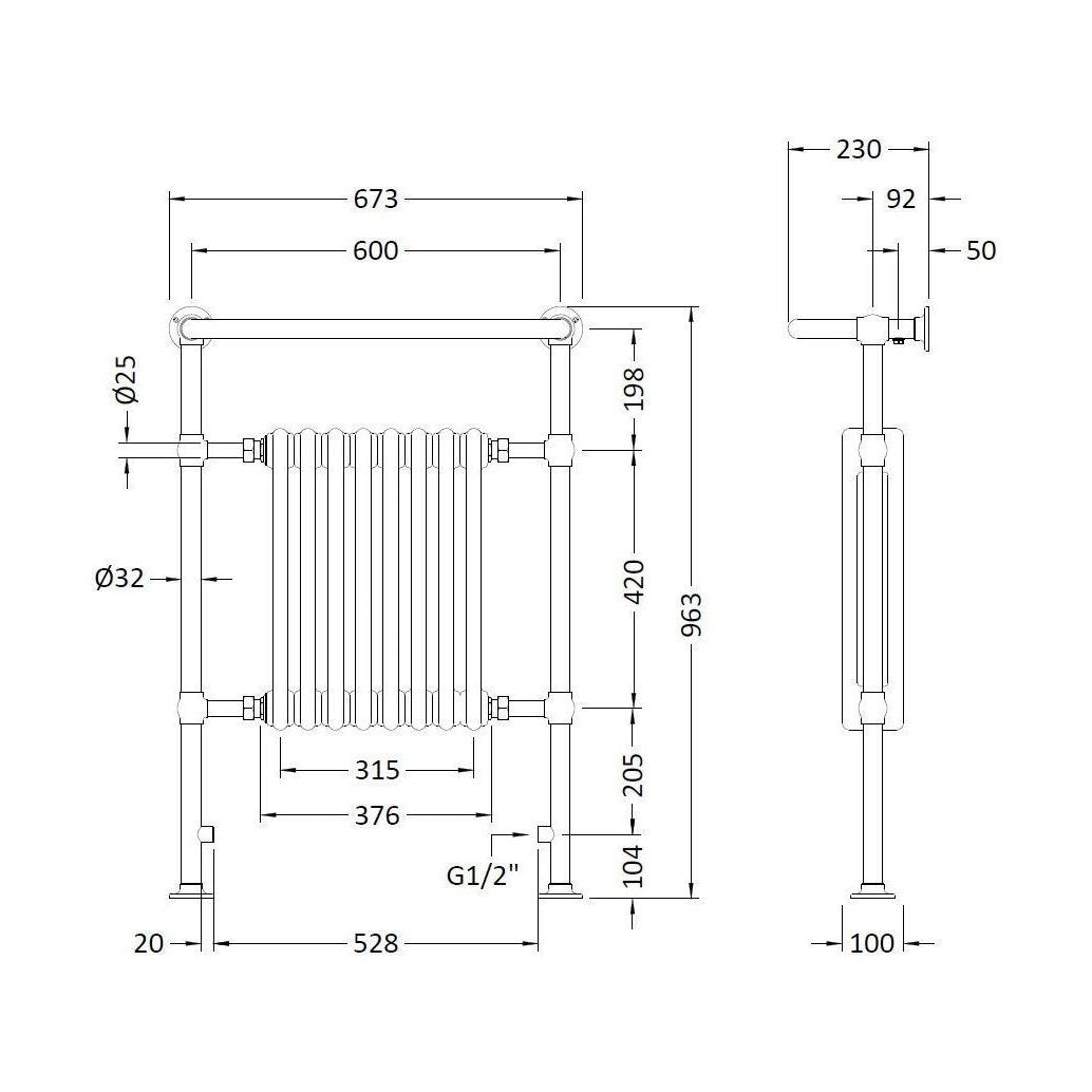 [BHHA022] Harrington Heated Towel Rail 965x673mm - Technical Drawing