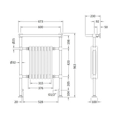 [BHHA022] Harrington Heated Towel Rail 965x673mm - Technical Drawing