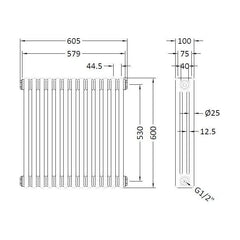[BHHA304] Triple Column Traditional Radiator 600 x 605mm, High Gloss White - Technical Drawing