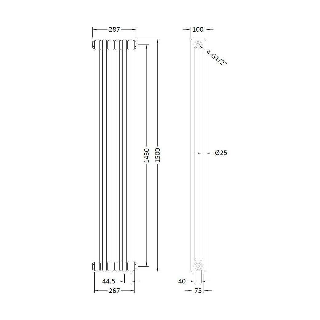 [BHHA308] Triple Column Traditional Radiator 1500 x 287mm, High Gloss White - Technical Drawing