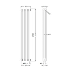 [BHHA308] Triple Column Traditional Radiator 1500 x 287mm, High Gloss White - Technical Drawing