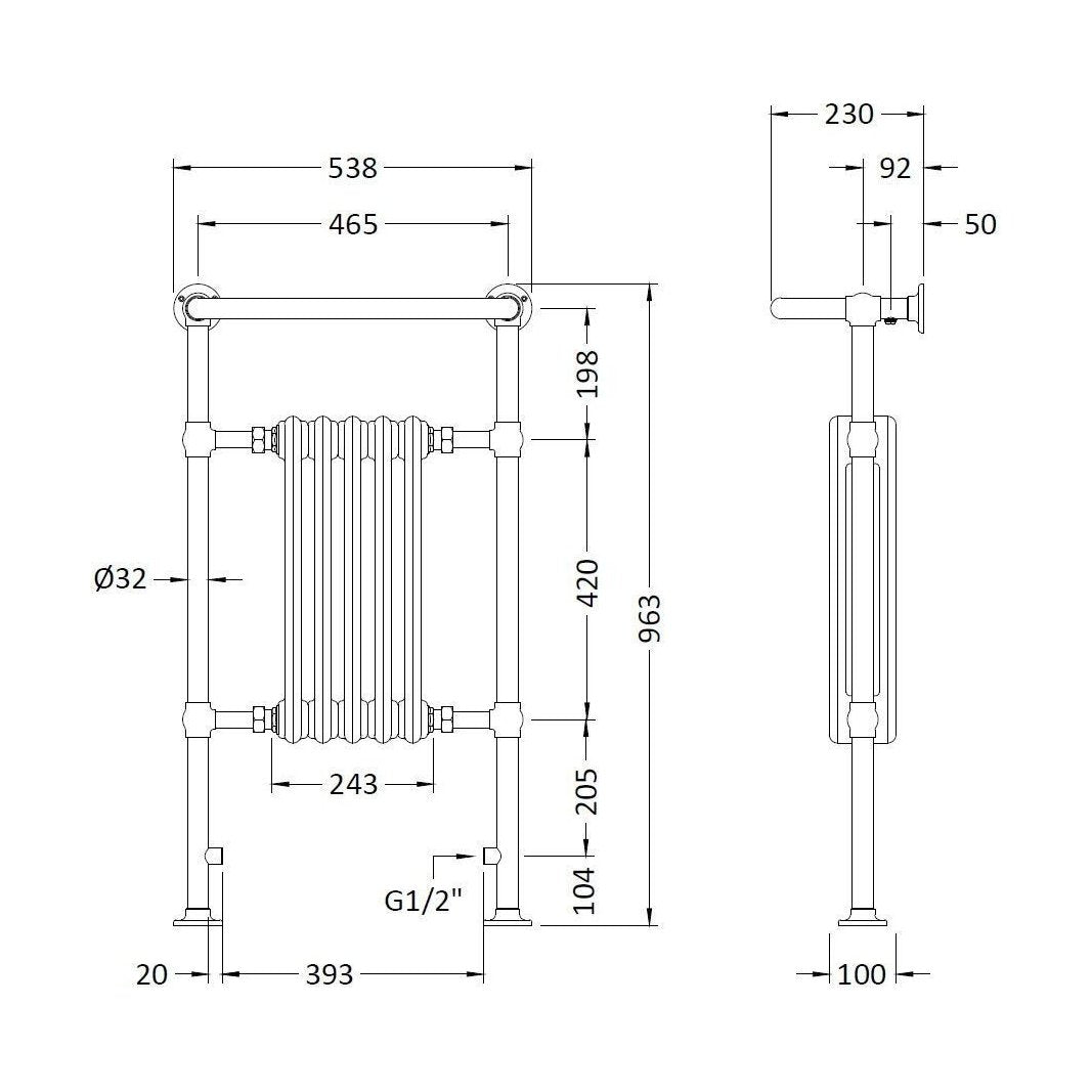 [BHHAD06] HARRINGTON TOWEL RADIATOR 965X540MM - Technical Drawing