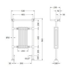 [BHHAD06] HARRINGTON TOWEL RADIATOR 965X540MM - Technical Drawing