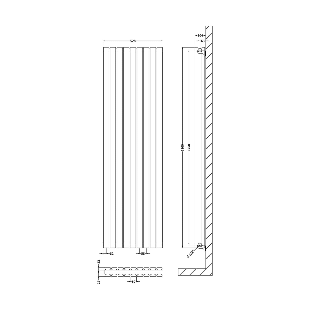 [BHLUA47D] Edingale Modern Square Vertical Double Panel Radiator - Choice of Size and Colour - Technical Drawing