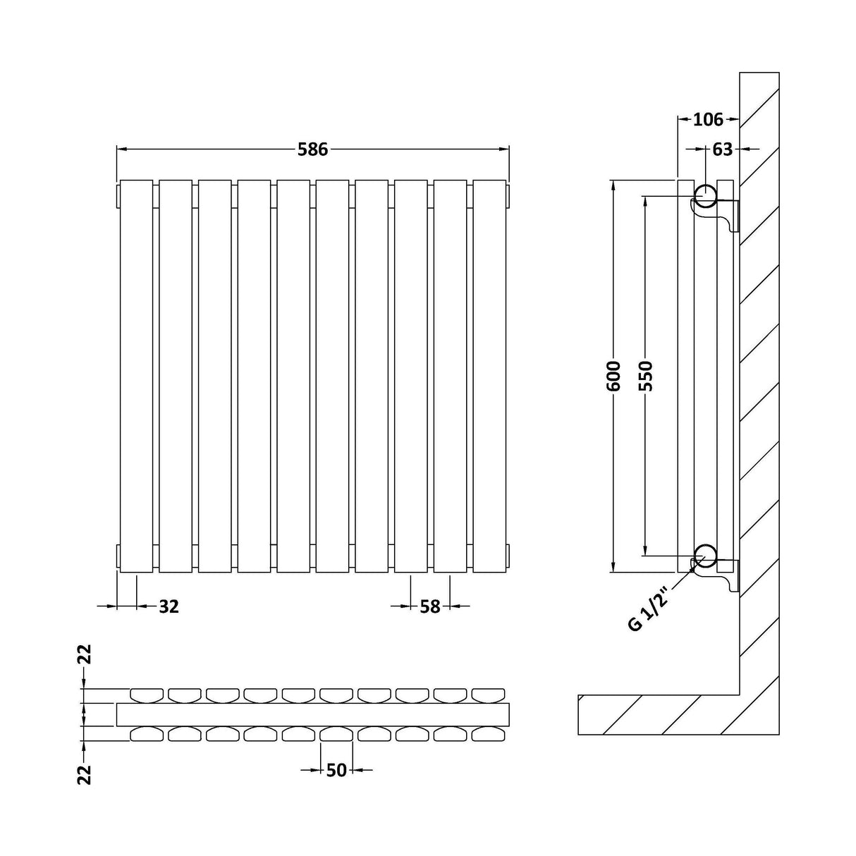 [BHLUA55D] Edingale Contemporary Square Horizontal Double Panel Radiator - Choice of Size and Colour - Technical Drawing