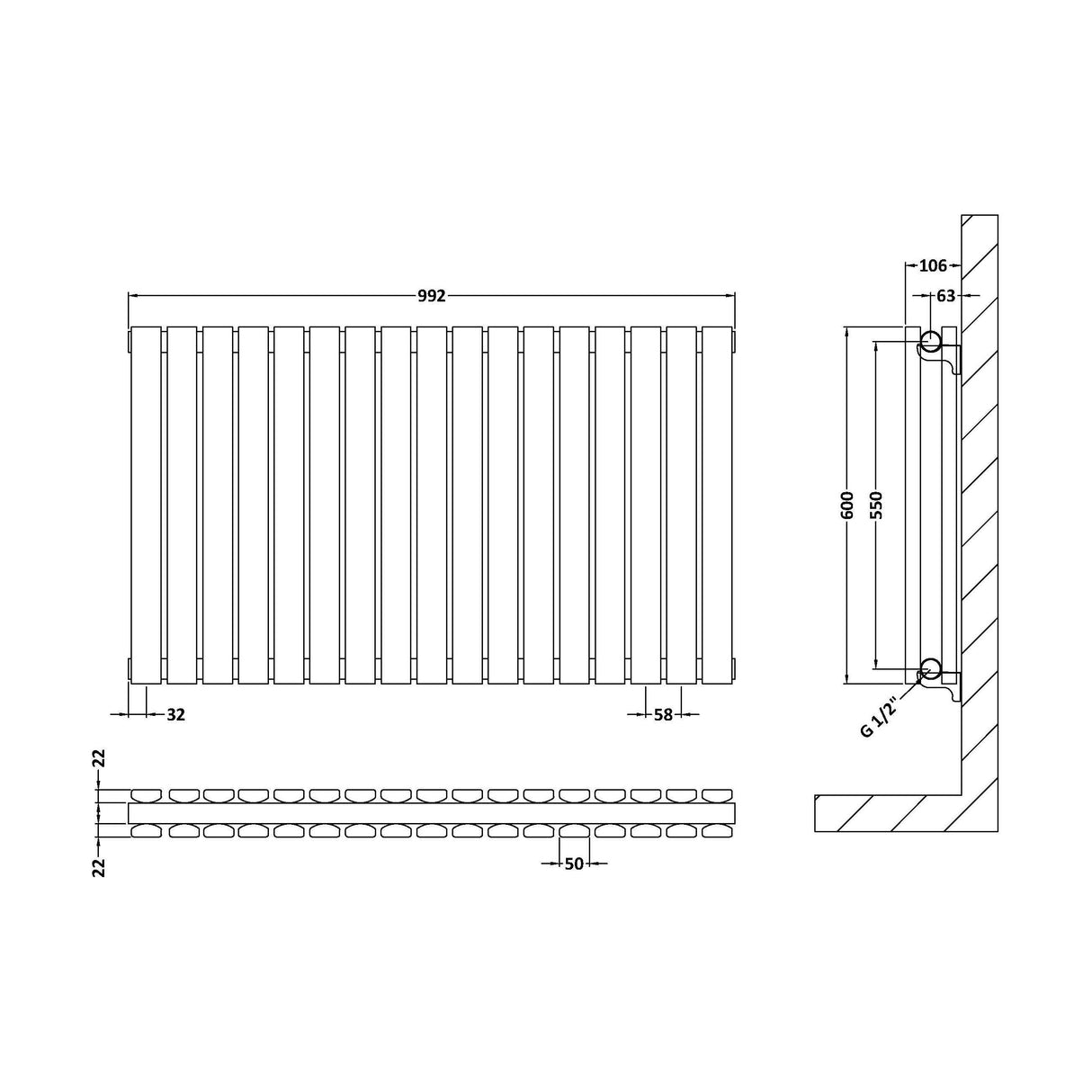 [BHLUA56D] Edingale Contemporary Square Horizontal Double Panel Radiator - Choice of Size and Colour - Technical Drawing