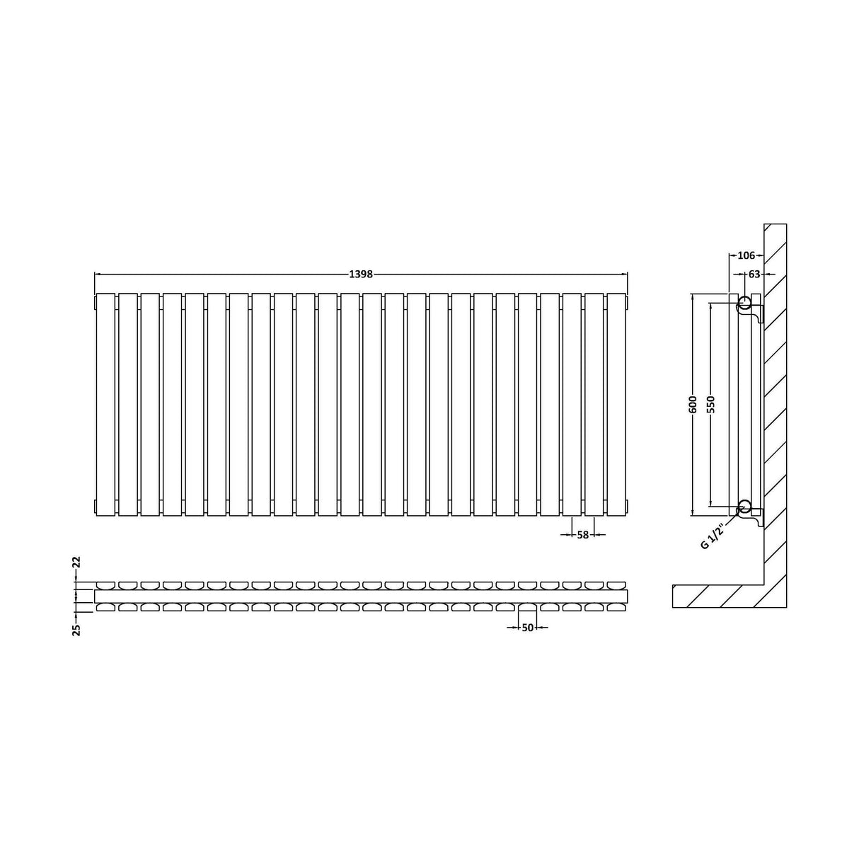 [BHLUA59D] Edingale Contemporary Square Horizontal Double Panel Radiator - Choice of Size and Colour - Technical Drawing