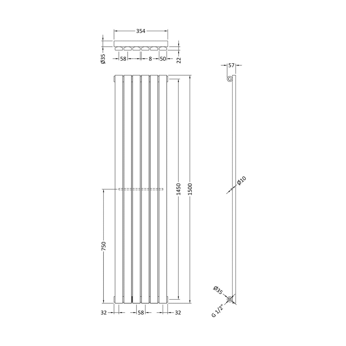 [BHLUA71] Edingale Vertical Single Panel Radiator, Square Design - Choice of Size and Colour - Technical Drawing