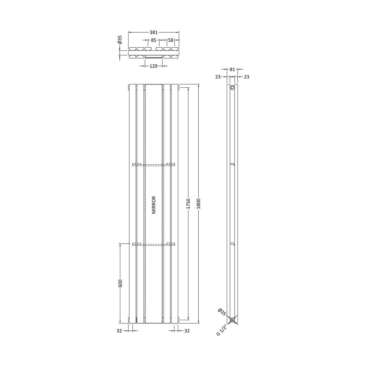 [BHLUA84] Edingale Square Vertical Double Panel Radiator with Mirror, 3344 BTU, 1800mm x 354mm - Choice of Colour - Technical Drawing