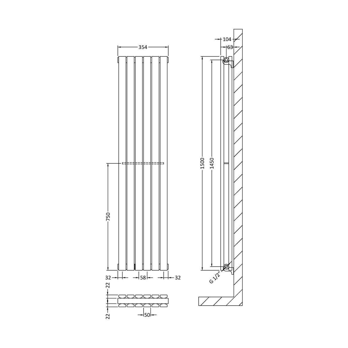[BHLUW43] Edingale Modern Square Vertical Double Panel Radiator - Choice of Size and Colour - Technical Drawing