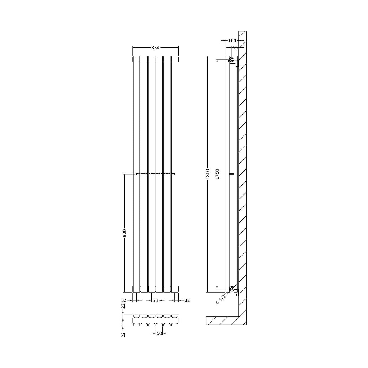 [BHLUW44] Edingale Modern Square Vertical Double Panel Radiator - Choice of Size and Colour - Technical Drawing
