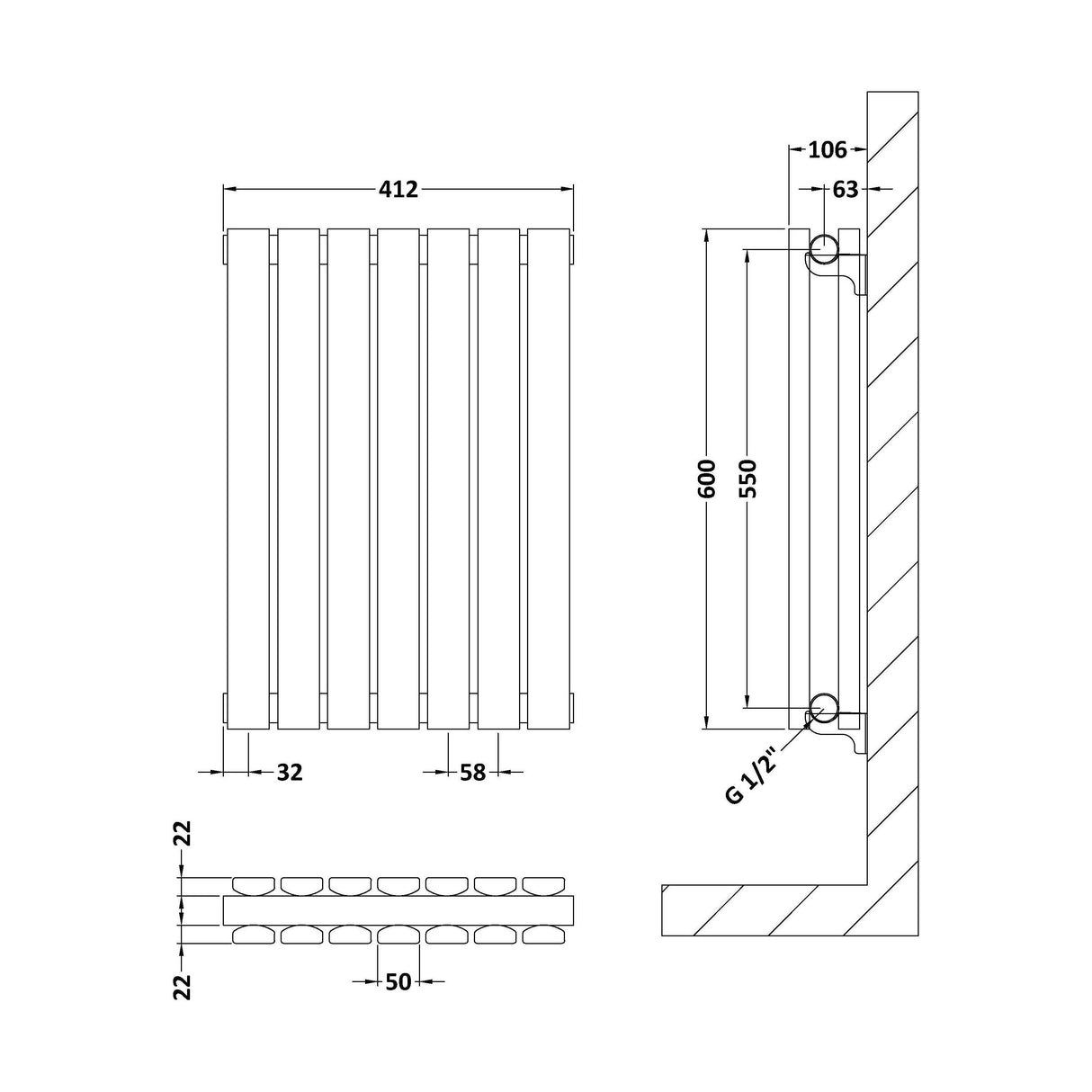 [BHLUW54D] Edingale Contemporary Square Horizontal Double Panel Radiator - Choice of Size and Colour - Technical Drawing