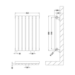 [BHLUW54] Balterley Lucia Square Horizontal Single Panel Radiator, 600mm x 412mm - Satin White - Technical Drawing