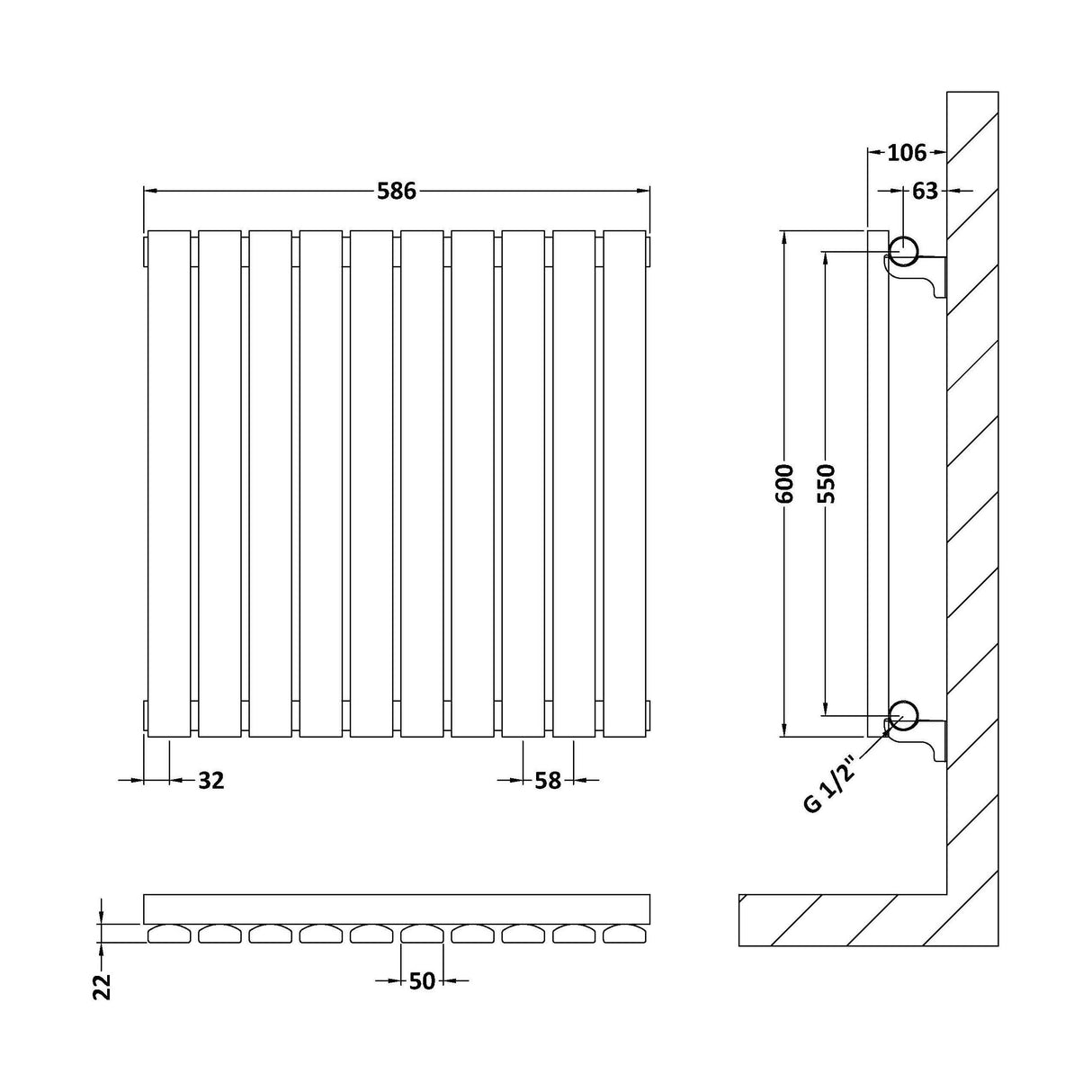 [BHLUW55] Balterley Lucia Square Horizontal Single Panel Radiator, 600mm x 586mm - Satin White - Technical Drawing