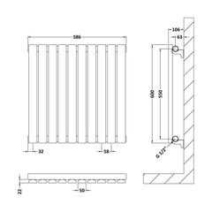 [BHLUW55] Balterley Lucia Square Horizontal Single Panel Radiator, 600mm x 586mm - Satin White - Technical Drawing
