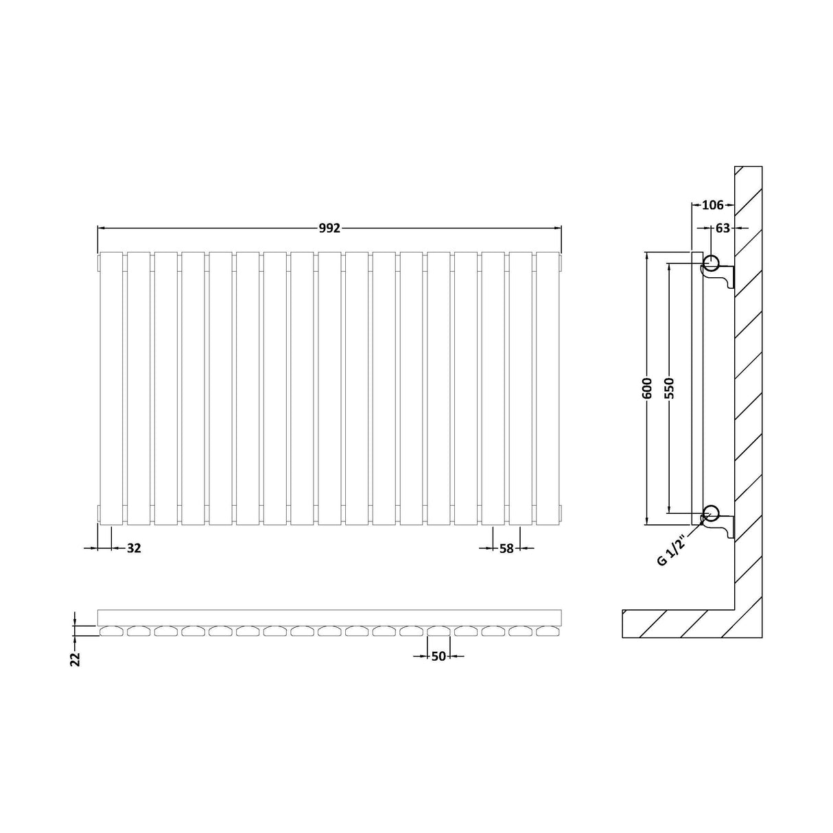 [BHLUW56] Balterley Lucia Square Horizontal Single Panel Radiator, 600mm x 992mm - Satin White - Technical Drawing