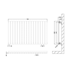 [BHLUW56] Balterley Lucia Square Horizontal Single Panel Radiator, 600mm x 992mm - Satin White - Technical Drawing